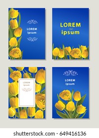 Beautiful bouquet of yellow tulips. Set of Backgrounds for postcard and banners on 8 March, Mothers Day, Birthday, Spring Sale and other. Vector illustration in EPS10 format