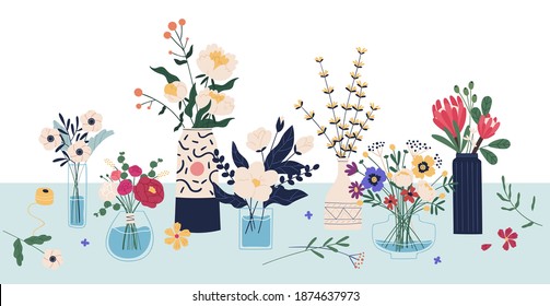 Beautiful bouquets of cut meadow and garden flowers in ceramic and glass vases standing on the table. Elegant bunches of wildflowers in florist shop. Vector illustration in flat cartoon style
