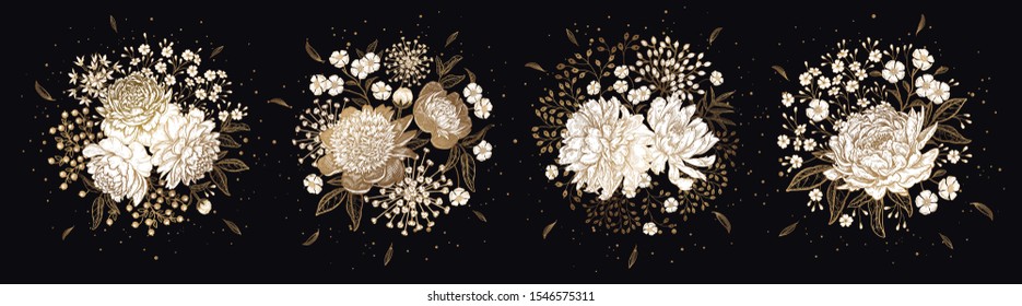Beautiful bouquets of flowers Isolated on black background set. Gold, black and white. Peonies and other flowers. Decoration for design of wedding invitations, congratulations, interior Vector Vintage