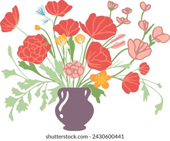 Beautiful bouquets with garden and wild flowers vector flat illustration. Various blooming plants with stems and leaves isolated on white. Floral decoration or gift