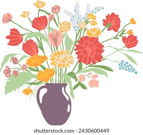 Beautiful bouquets with garden and wild flowers vector flat illustration. Various blooming plants with stems and leaves isolated on white. Floral decoration or gift