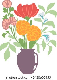 Beautiful bouquets with garden and wild flowers vector flat illustration. Various blooming plants with stems and leaves isolated on white. Floral decoration or gift