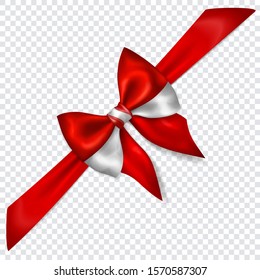 Beautiful bow in colors of Austria flag with diagonally ribbon with shadow on transparent background. Transparency only in vector format