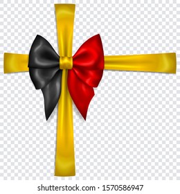 Beautiful bow in colors of Belgium flag with crosswise ribbons with shadow on transparent background. Transparency only in vector format