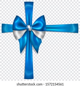 Beautiful bow in colors of Greece flag with crosswise ribbons with shadow on transparent background. Transparency only in vector format