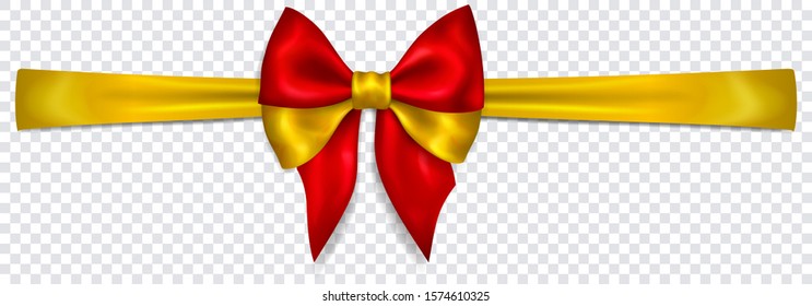 Beautiful bow in colors of Spain flag with horizontal ribbon with shadow on transparent background. Transparency only in vector format