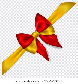 Beautiful bow in colors of Spain flag with diagonally ribbon with shadow on transparent background. Transparency only in vector format