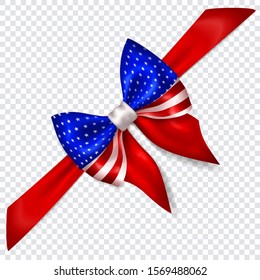 Beautiful bow in colors of USA flag with diagonally ribbon with shadow on transparent background. Transparency only in vector format