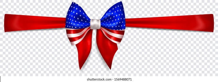 Beautiful bow in colors of USA flag with horizontal ribbon with shadow on transparent background. Transparency only in vector format