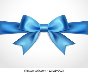 Beautiful bow light blue isolated on white background, satin bow for gift, surprise, christmas present, birthday. 3D. Vector EPS10