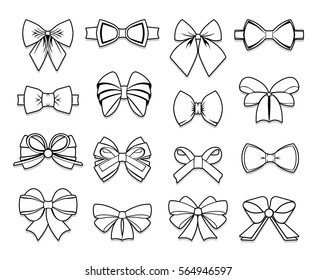 Beautiful bows elements collection of different shapes in outline style on white background isolated vector illustration