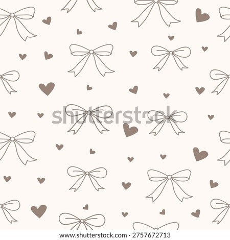 Beautiful bows pattern. Seamless aesthetic pattern with beige line-drawn bows, hearts. Perfect for wedding invitations, Valentine's Day, birthday parties, postcards, gift wrapping, textiles, prints