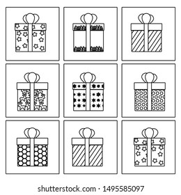 Beautiful boxes with gifts drawn
black lines.