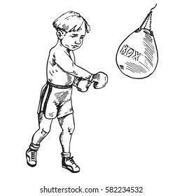 Beautiful boy boxing, hand drawn doodle, sketch in simple pop art style, vector