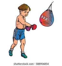 Beautiful boy boxing, hand drawn doodle, color sketch in pop art style, vector