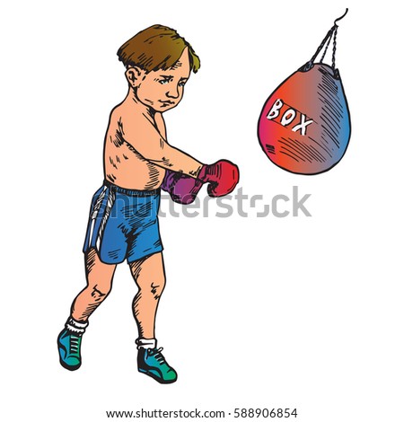 Beautiful boy boxing, hand drawn doodle, color sketch in pop art style, vector