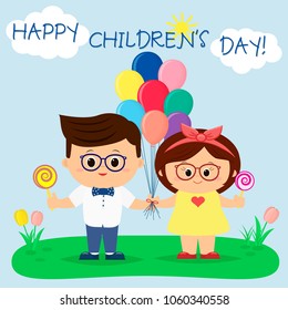 A beautiful boy and a girl in glasses is holding balloons and candies in a clearing, against the sky and the sun. Congratulation to the children's day, in cartoon style, flat, vector.