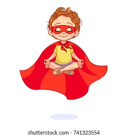 Beautiful boy in a Super Hero costume soars in the air in yoga lotus pose. Vector cartoon kids illustration.