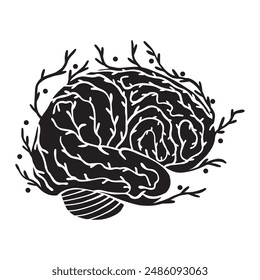 Beautiful brain with branches growing from it as a symbol of development, thoughts in silhouette black style isolated on white background. Hand drawn vector illustration. Business, art.