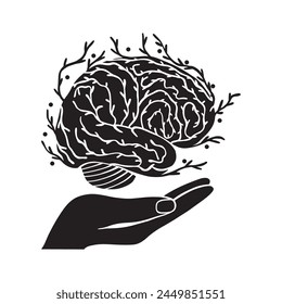 Beautiful brain with leaves growing as a symbol of development, ideas, holding in hand in black on white background. Hand drawn vector illustration in silhouette style. Concept of beauty, floral