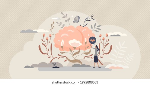 Beautiful brain and mental psychological health care tiny person concept. Body and mind feeling or emotion consciousness and awareness vector illustration. Organ appreciation with floral female scene.