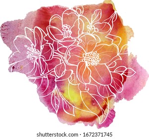 Beautiful branch of apple tree on a watercolor background