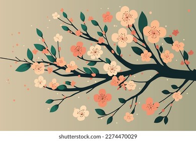 beautiful Branch of the cherry blossom tree, hand drawn