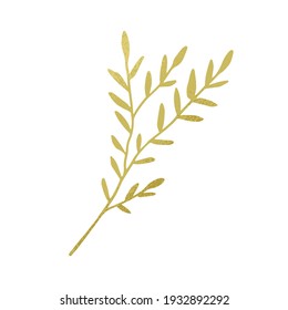 Beautiful branch with green leaves isolated on white background. Textured foliage plant. Botanical element. Hand-drawn colored flat vector illustration of greenery
