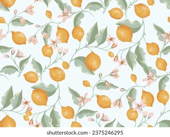 Beautiful branch with lemons, leaves, flowers seamless pattern. Vector hand drawn. Summer fruits illustration for print. Template for design, fabric, fashion, surface design, wallpaper