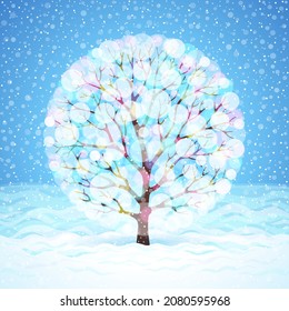 Beautiful branching tree covered with shining glittering snow during snowfall, magical winter snowy landscape, festive seasonal background