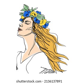 Beautiful brave woman with wreath of blue and yellow flowers. Hand drawn Ukrainian young lady with closed eyes, side view. Sketching outline illustration.