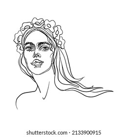 Beautiful brave woman with wreath of flowers. Hand drawn Ukrainian young lady, outline illustration.