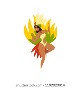 Beautiful Brazilian girl dancing samba, woman in festive costume with bright plumage vector Illustration on a white background