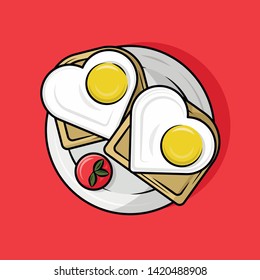 Beautiful breakfast - scrambled eggs in the form of hearts and toasts