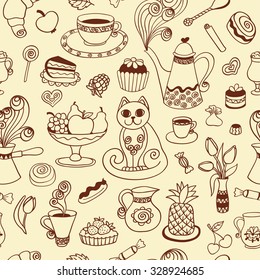 Beautiful breakfast seamless pattern. Vector sketch background.