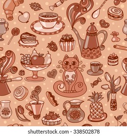 Beautiful breakfast seamless pattern. Vector sketch background.