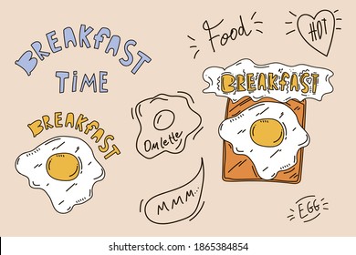 Beautiful Breakfast set. Cute inscription time for Breakfast and food with egg, omelet, toast in the morning. Clipart for cafe menu omelet, egg, omelet, food, Breakfast, pan, fried, brunch, cooked
