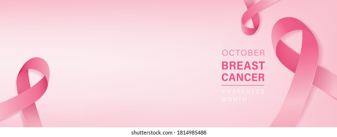 Beautiful breast cancer awareness campaign banner with pink ribbon symbols on gradient pastel light pink background and space for text