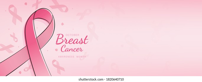 Beautiful breast cancer awareness campaign banner with ribbon symbol on pink gradient banner background and space for text