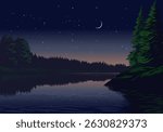 Beautiful breathtaking night landscape with river, forest, moon and stars