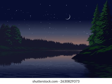 Beautiful breathtaking night landscape with river, forest, moon and stars