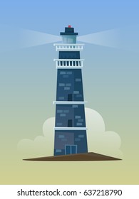 A beautiful brick lighthouse. Sea. Security. Vector cartoon illustration.