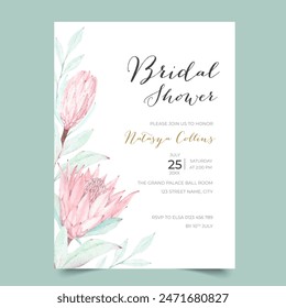 Beautiful bridal shower invitation template with pink protea flower, Watercolor protea floral invitation