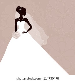 Beautiful bride with bouquet on gray background