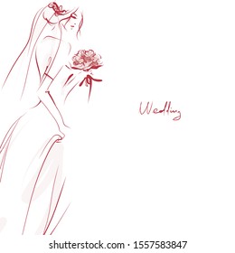 Beautiful bride with bouquet in wedding dress. Hand drawn illustration, vector