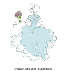 Beautiful bride with bouquet, woman in wedding dress view from back. Vector illustration