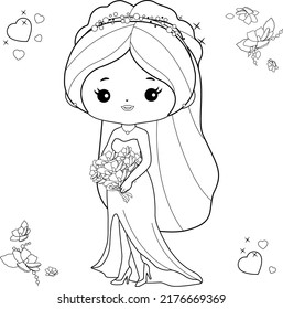 Beautiful bride in a cute wedding dress. Vector black and white coloring page.