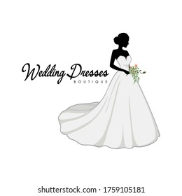 Beautiful Bride with Flower Bouquet, Bridal Boutique Logo, Bridal Gown Logo Vector Design Template