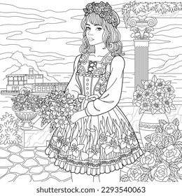 Beautiful bride flower girl. Adult coloring book page with mandala and floral elements