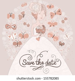 Beautiful bride with flowers in vector. Cute retro invitation card with girl in wedding dress with peony flowers  and butterflies in vintage colors. Save the date design